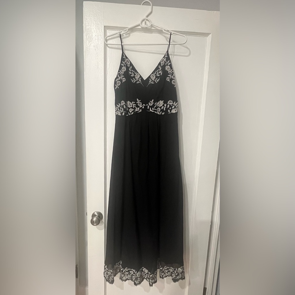 Lucky Brand Black Maxi Drwss with white embroidered floral trim, size medium